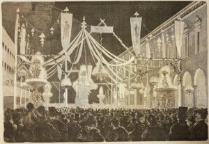 Piazza della Pace o del Pavaglione durante il ballo popolare del carnevale del 1875. Disegno del signor Luigi Serra di Bologna.